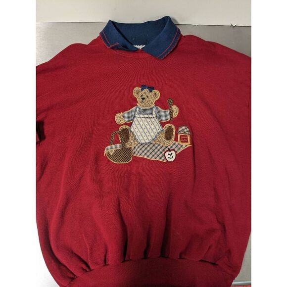 Gopher Women's Vintage 1990s Grannycore Red and Navy Blue With Embroidered Bear - Picture 3 of 8
